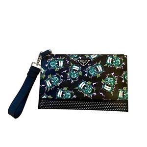 PRADA THUNDER FRANKENSTEIN BLACK LEATHER STUDDED WRISTLET BAG